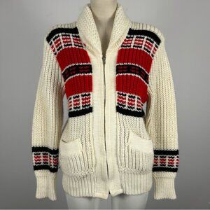 ❤️ Vintage Classic Curling Cream and Red Men's Zip-Up Sweater Size S-M